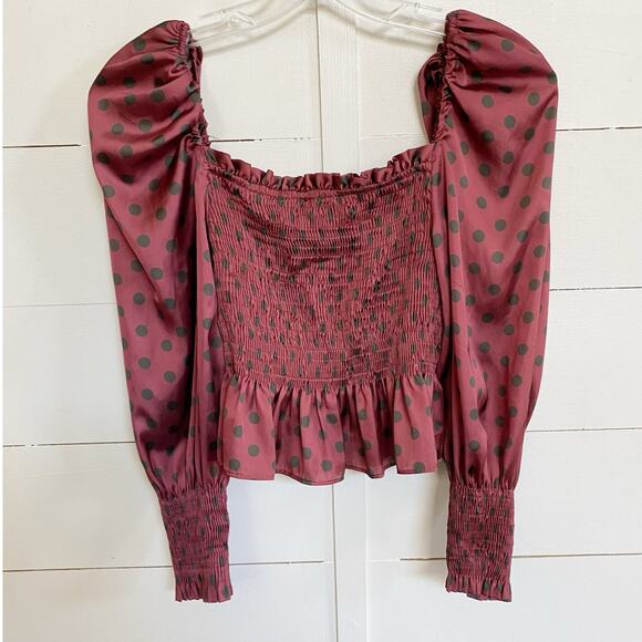 Zara Satin Glam Smocked Polka Dot Puff Sleeve Blouse -‎ S EUC - Picture 12 of 16
